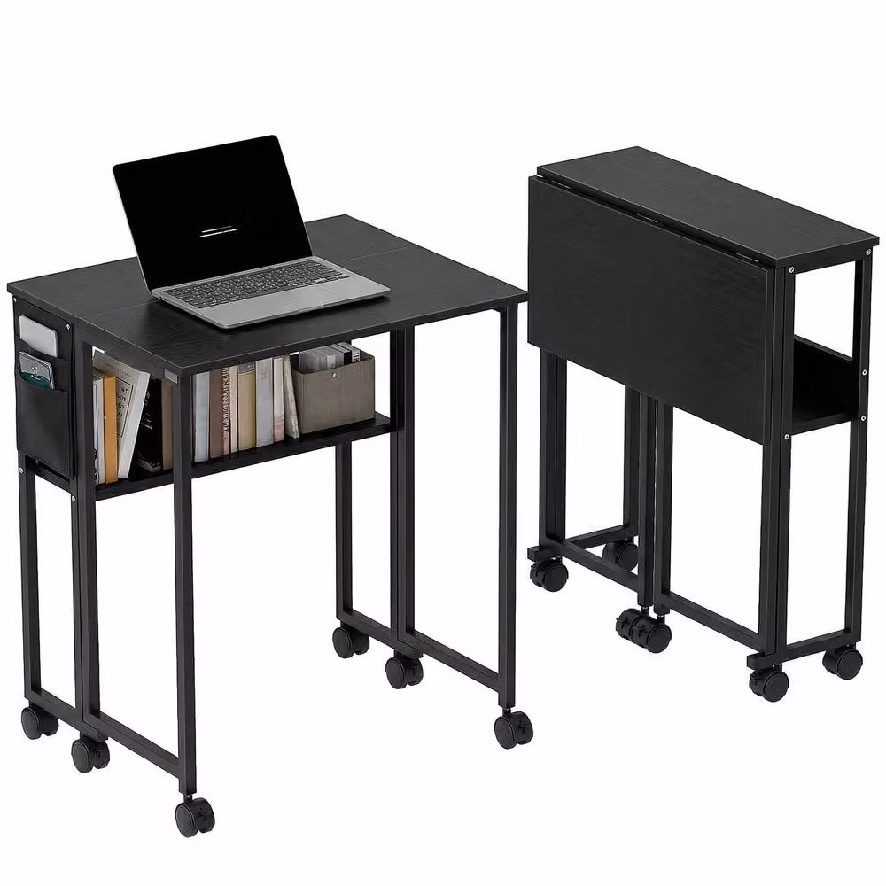 HOMCOM Black Foldable Drop Leaf Computer Desk with Castors – 2