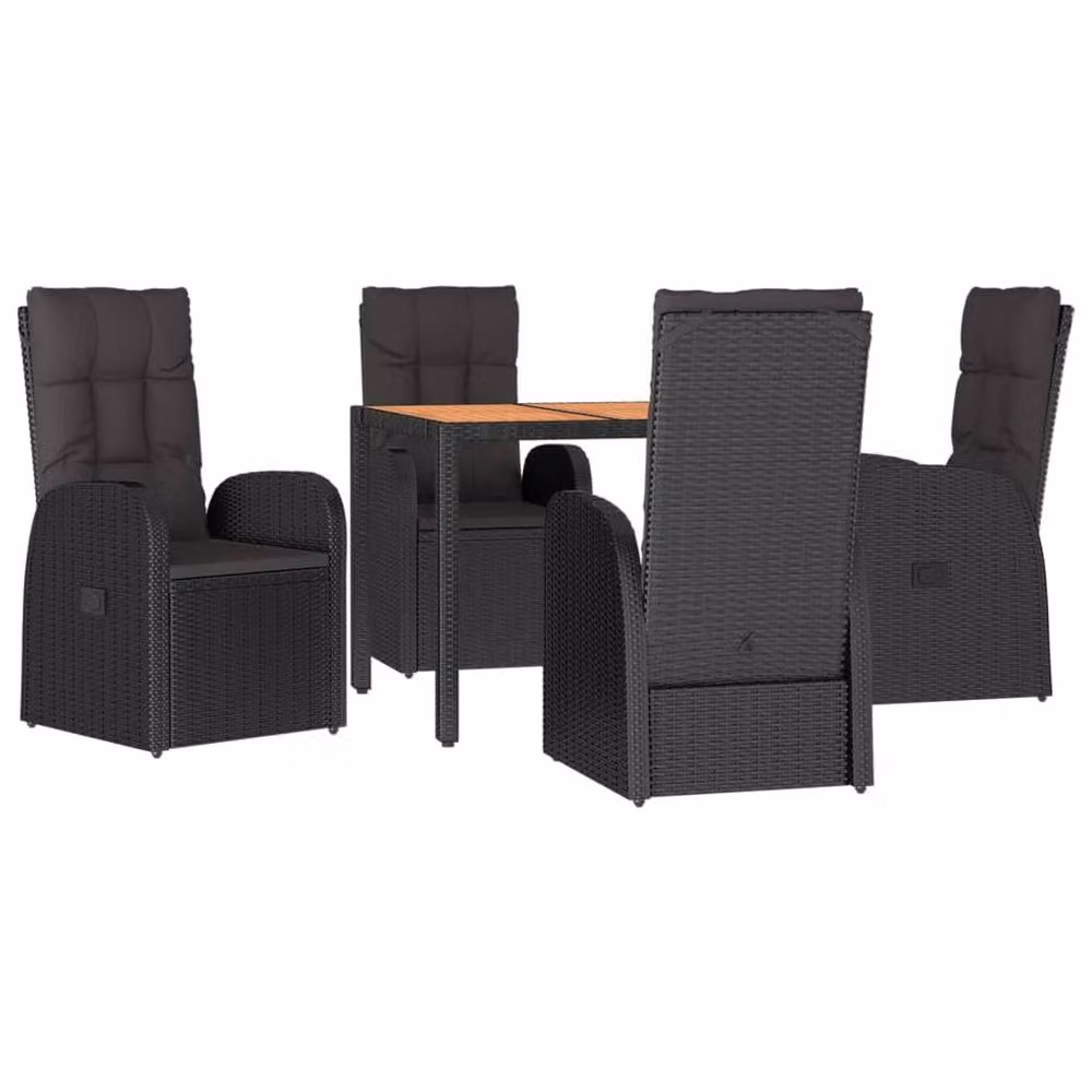 Berkfield Home 5 Piece Black Poly Rattan and Solid Acacia Wood Garden Dining Set – 3