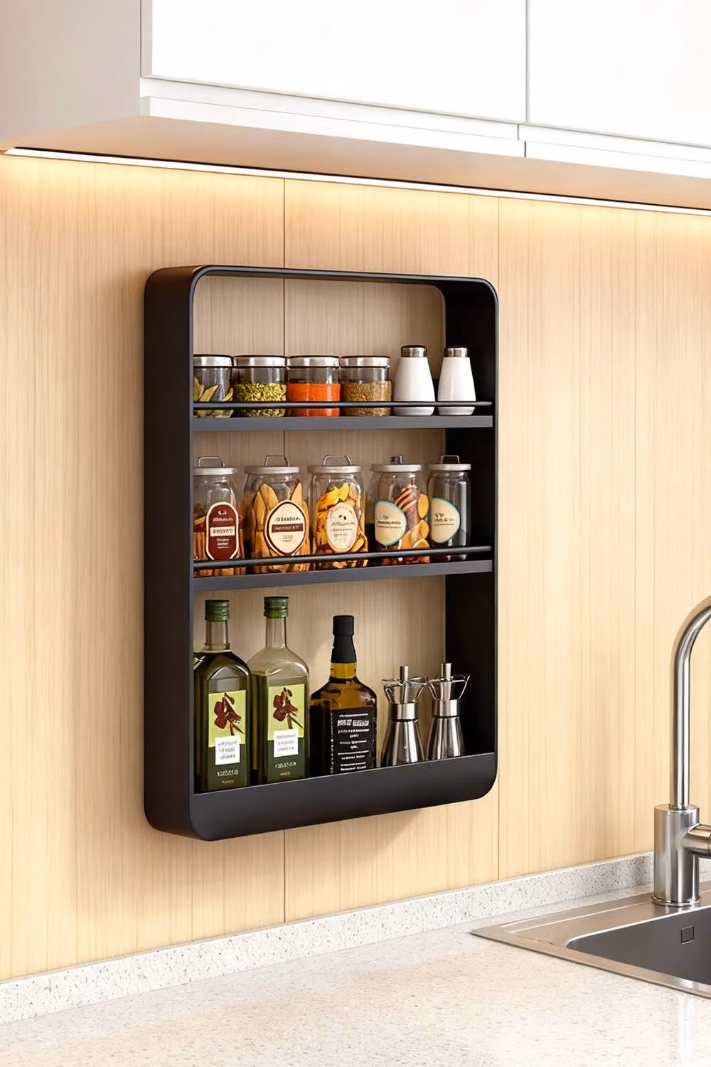 Living and Home 3-tier Wall-Mounted Metal Spice Rack and Kitchen Organiser in Matt Black – 4