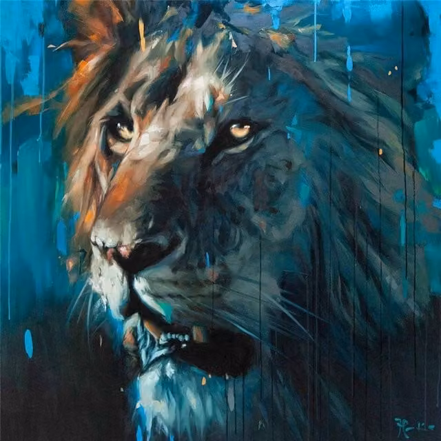 Frank Pretorius Lion Framed Canvas Print in Mid Blue