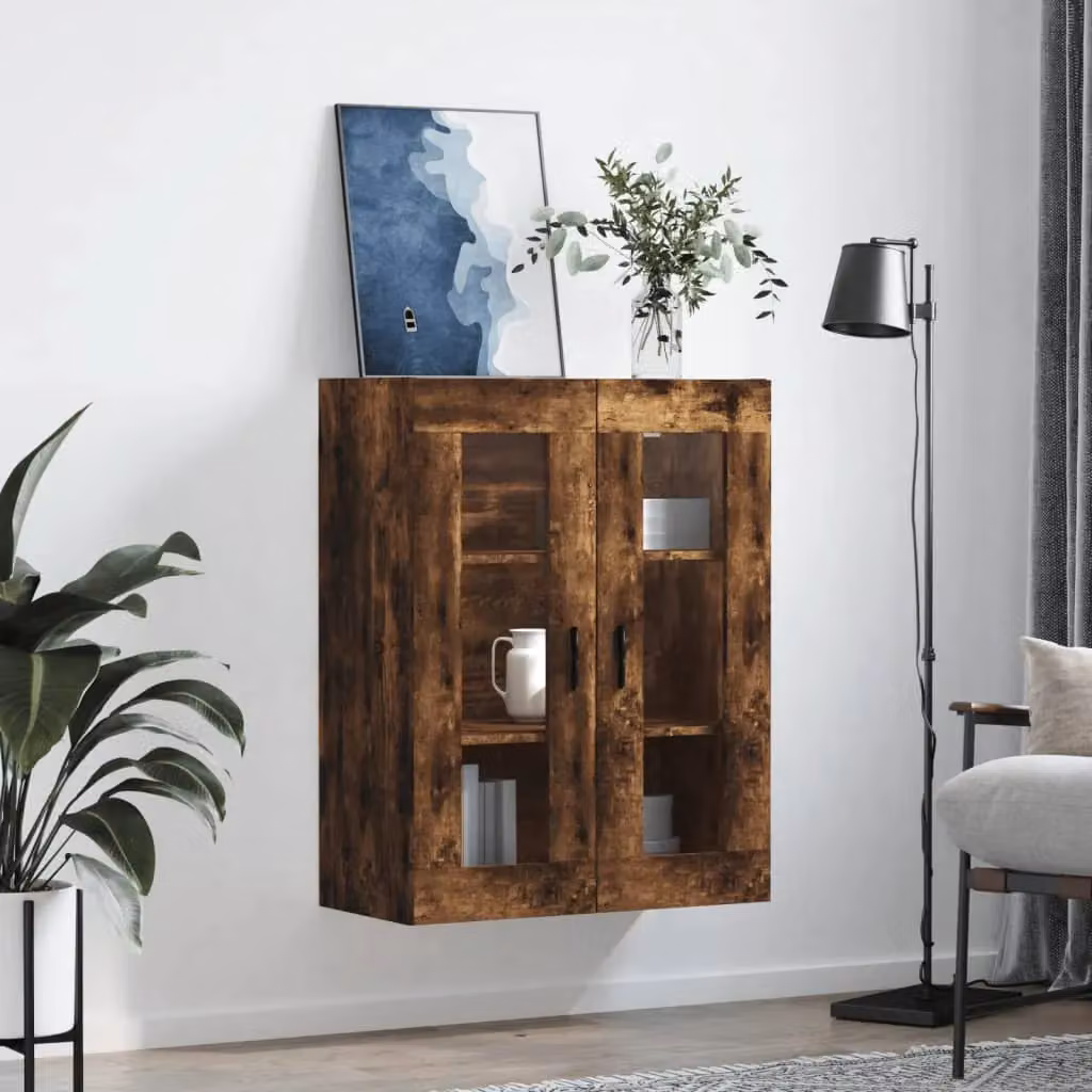 Berkfield Home Wall Mounted Smoked Oak Cabinet with Glass Doors in Brown W/D/H: 69.5 x 34 x 90 cm – 3