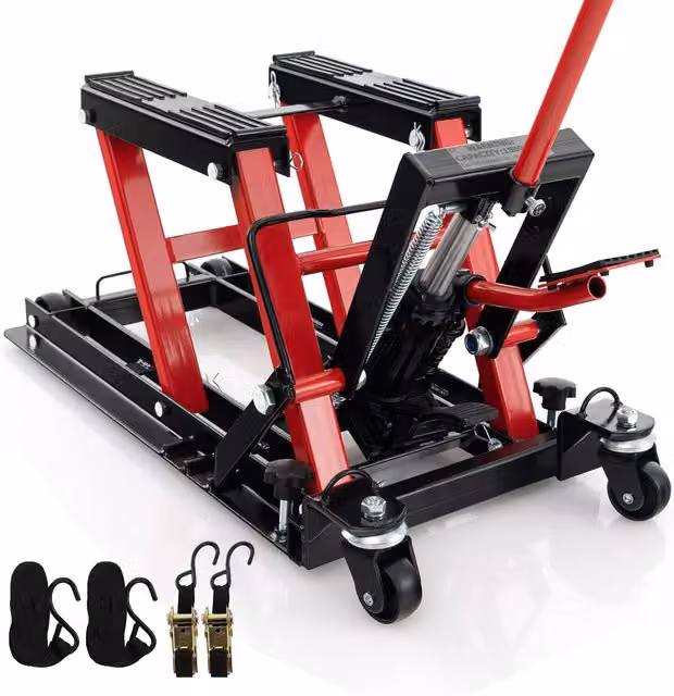 Gymax Red Hydraulic Motorcycle Lift Jack with 4 Wheels, 680kg Capacity – 1