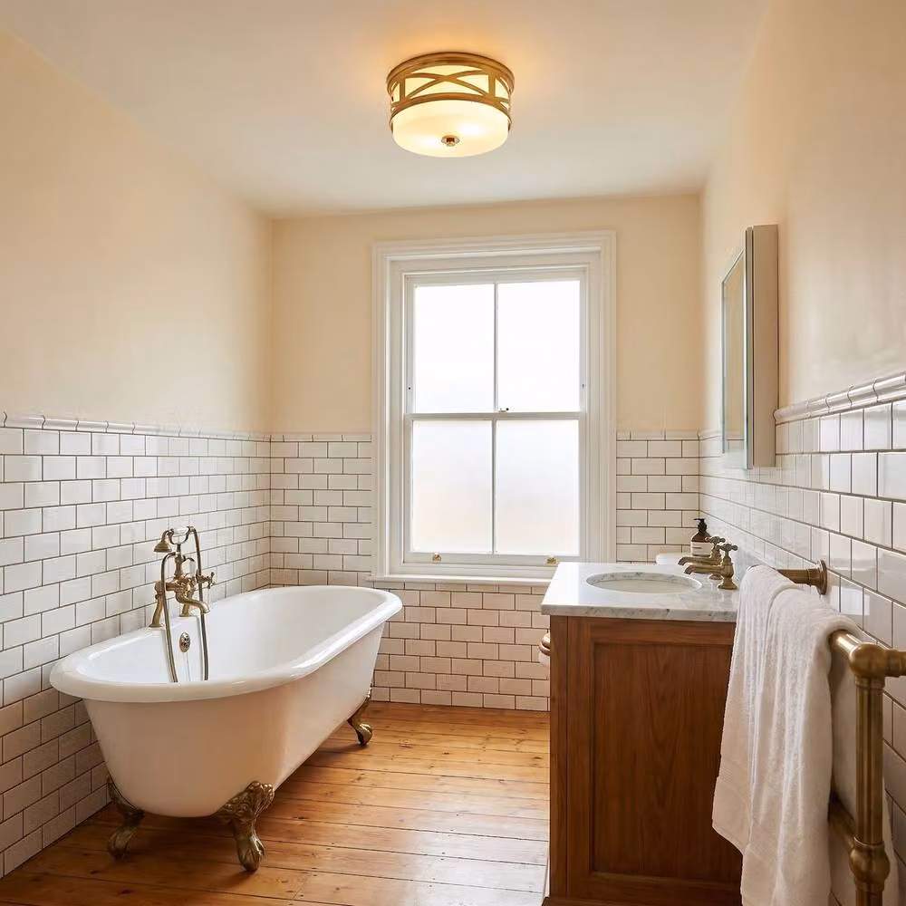 Happy Homewares Vintage and Classic Bathroom Flush Ceiling Light with Strap Design in Gold and White – 2