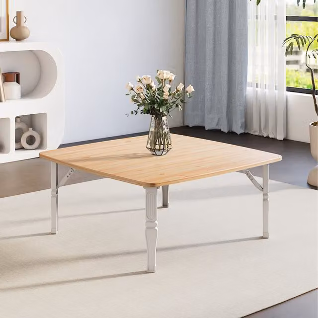 Komore Square Foldable Coffee Table in White with Wood Grain Finish, W: 80 cm