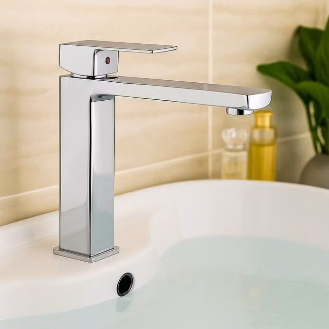 Bathroom Kingdom Quadrado Chrome Square Tall Basin Mixer Tap in Silver