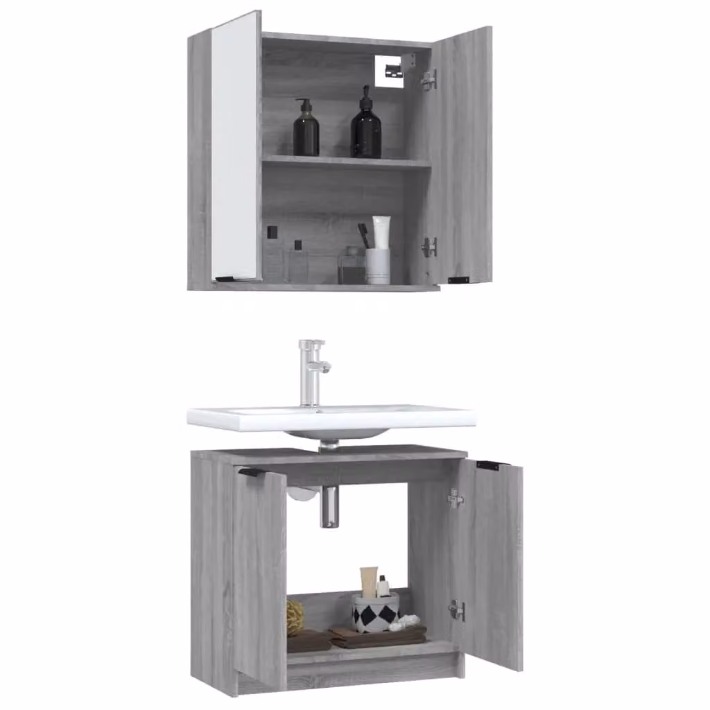 Berkfield Home 2 Piece Grey Sonoma Modern Wall Mounted Bathroom Cabinet Set with Hinged Doors and Internal Shelves – 2