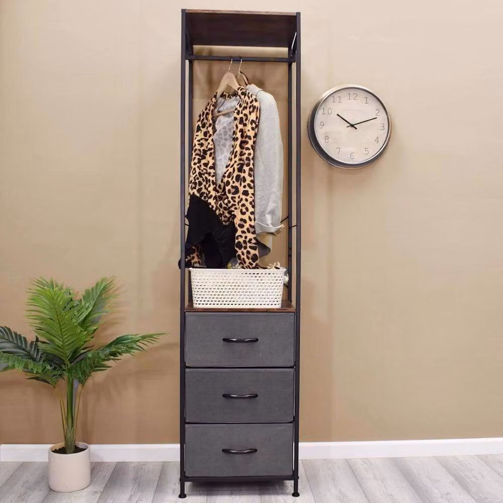 FORGEVIO Industrial Style Tall Hallway Storage Rack with 3 Grey Linen Drawers – 2