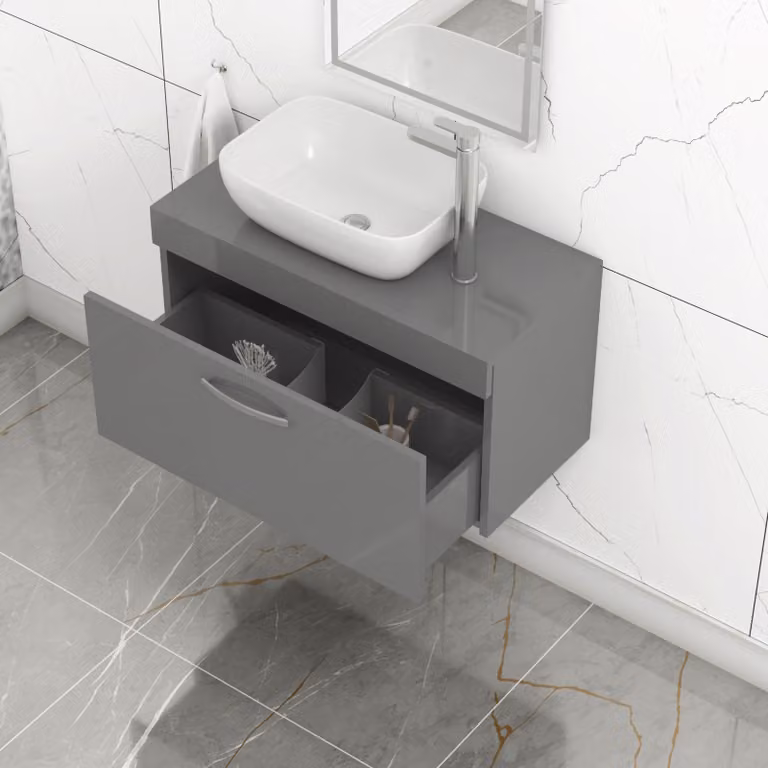 Royal Bathrooms Turin Wall Hung 1-Drawer Unit and Soft Square Countertop Basin in Indigo Grey Gloss, W: 80 cm and W: 45.5 cm