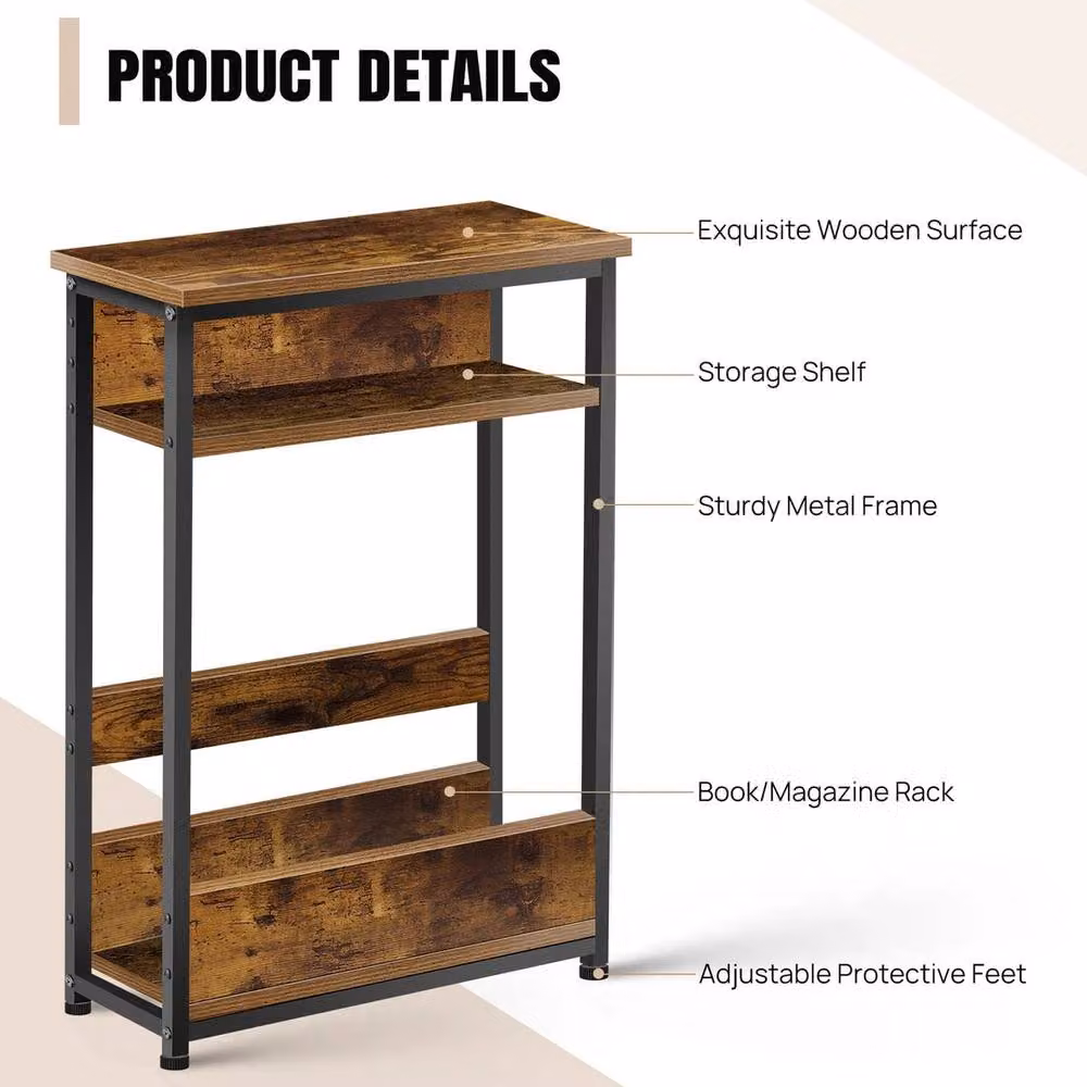 FORGEVIO Slim Coffee Side Table with Magazine Shelf Rack in Brown – 4