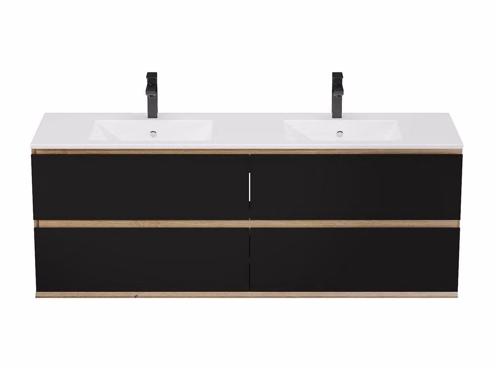 Vente-unique Modern Wall-Hung Bathroom Unit with Inset Basin in Light Natural Oak and Black, W/D/H: 150 x 55 x 45.5 cm – 2