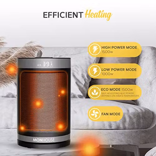 MONHOUSE 1500W Ceramic Fan Heater in Grey with Timer and Freestanding Design – 4
