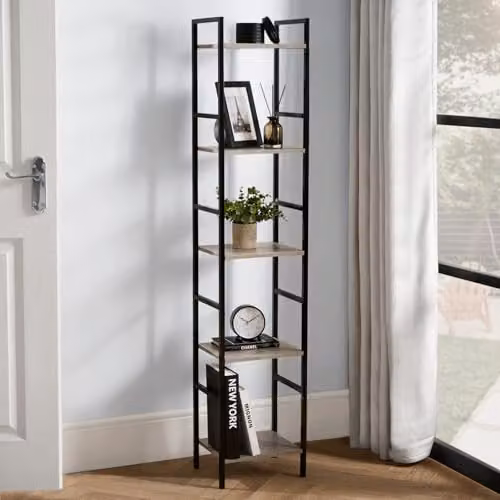 OHS 5 Tier Slim Ladder Shelving Unit in Grey with Metal and Wood Frame, H 140 x W 30 x D 24 cm – 1
