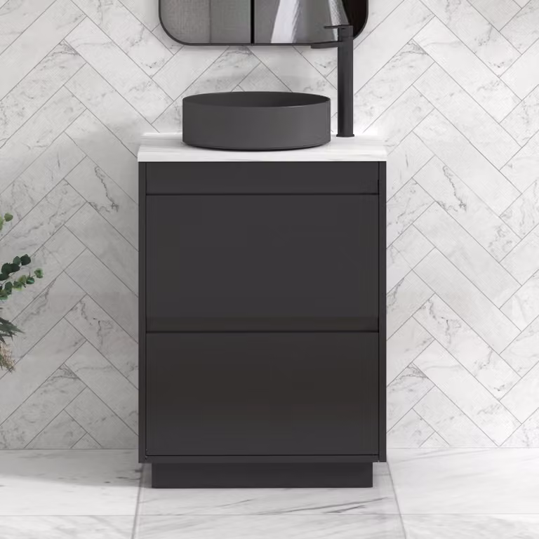 Royal Bathrooms Orion 600mm Matt Obsidian Black Floor Standing Countertop Vanity Unit with 2 Drawers and Art Round Basin