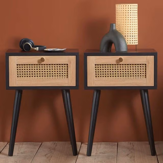 Croxley Pair of Black and Gold Mid-Century Rattan 1 Drawer Bedside Tables