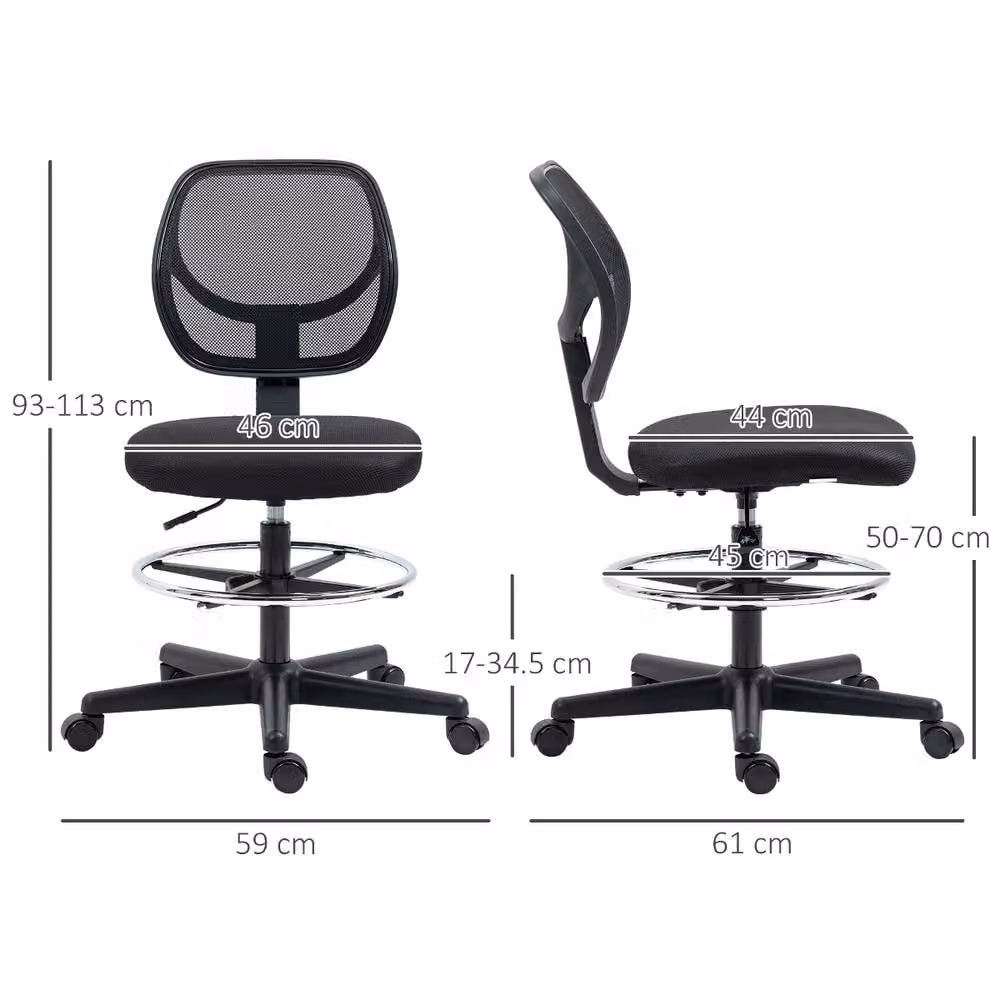 Vinseto Black Ergonomic Mesh Drafting Office Chair with Foot Ring and 360 Degree Swivel – 3