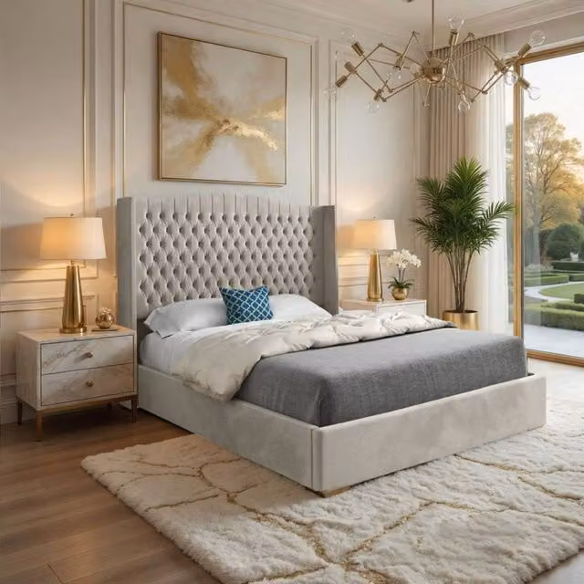 Casani Rowledge Winged Upholstered Designer Bed Frame in Beige Velvet, W/D/H: 180 x 200 x 159 cm – 1