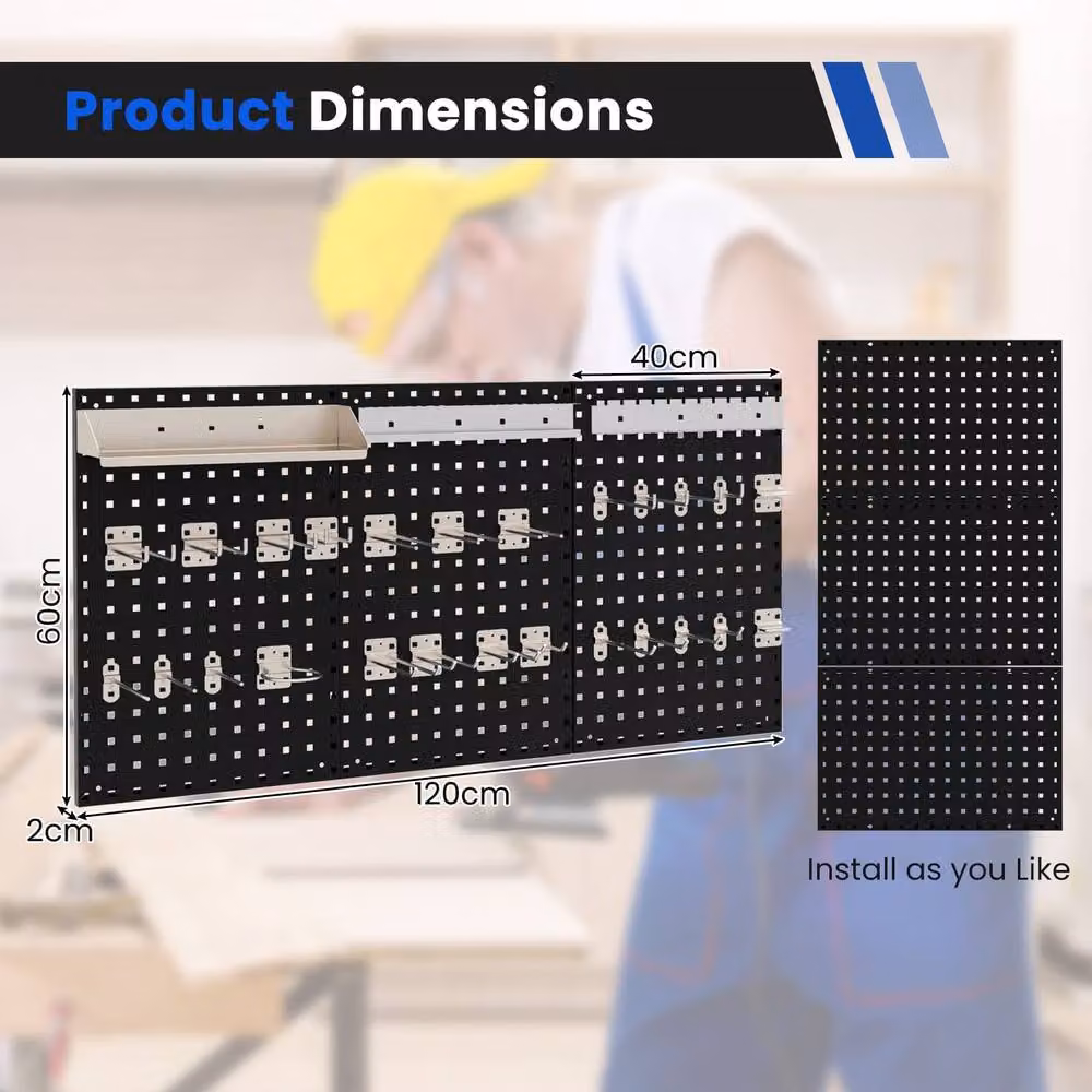 Gymax Wall-Mounted Metal Pegboard Tool Organizer Kit in Black with 28 Hanging Hooks – 2