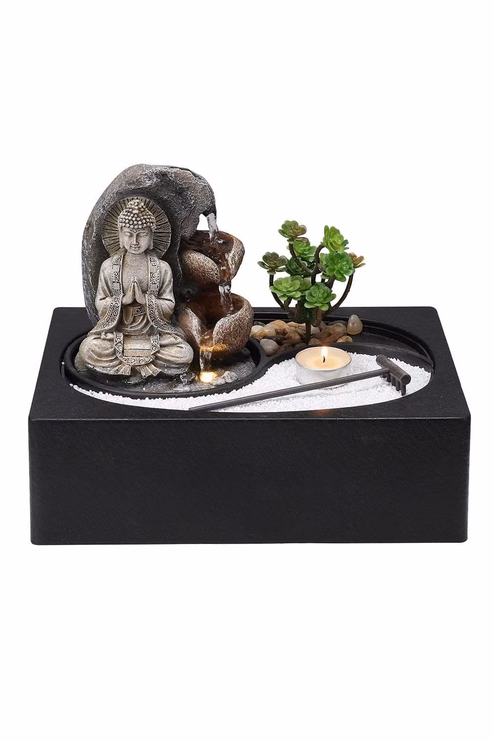 Living and Home Buddha Zen Tabletop Water Fountain in Green and Sand with LED Light – 2
