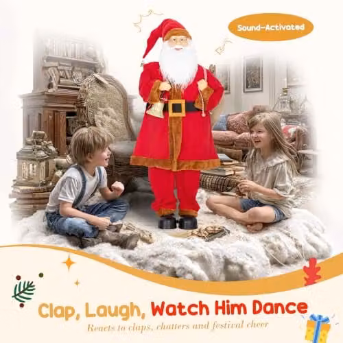 HOMCOM Musical Animated Santa Claus in Red and Gold with Music, Bell and Sack, Height: 120 cm – 4
