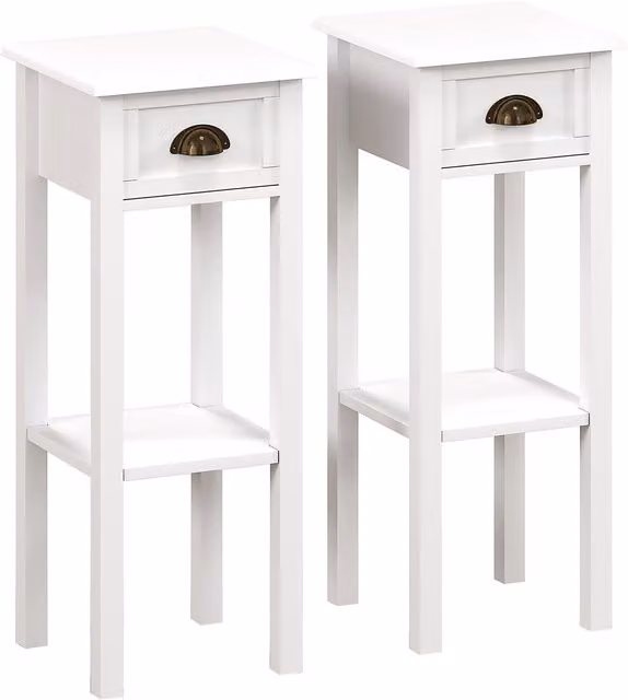 HOMCOM Set of 2 Modern 2-Tier Side Tables in White with Drawer and Shelf