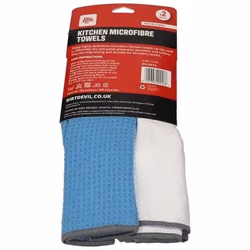 Dirt Devil Pack of 2 Kitchen Microfibre Towels, Blue and White, 30 x 30 cm – 2