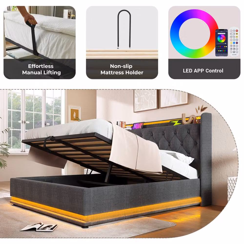 Merax Grey Upholstered Double Bed Frame with 360 LED Lighting, USB Charging Ports and Hydraulic Storage, W: 150 cm x D: 200 cm – 4
