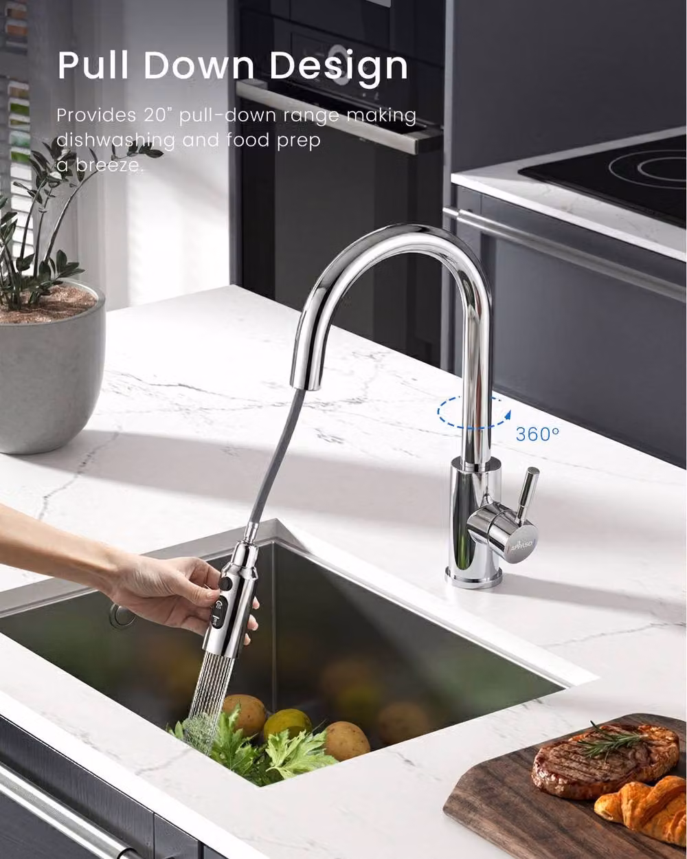 Appaso Chrome Kitchen Mixer Tap with Single Lever and Pull Out Spray Spout in Metallic Silver – 3