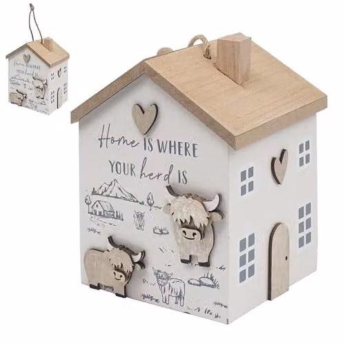 Garden Greatness Rustic Highland Cow Wooden Doorstop in Multicolour and White, W/D/H: 19.0 x 14.0 x 14.0 cm