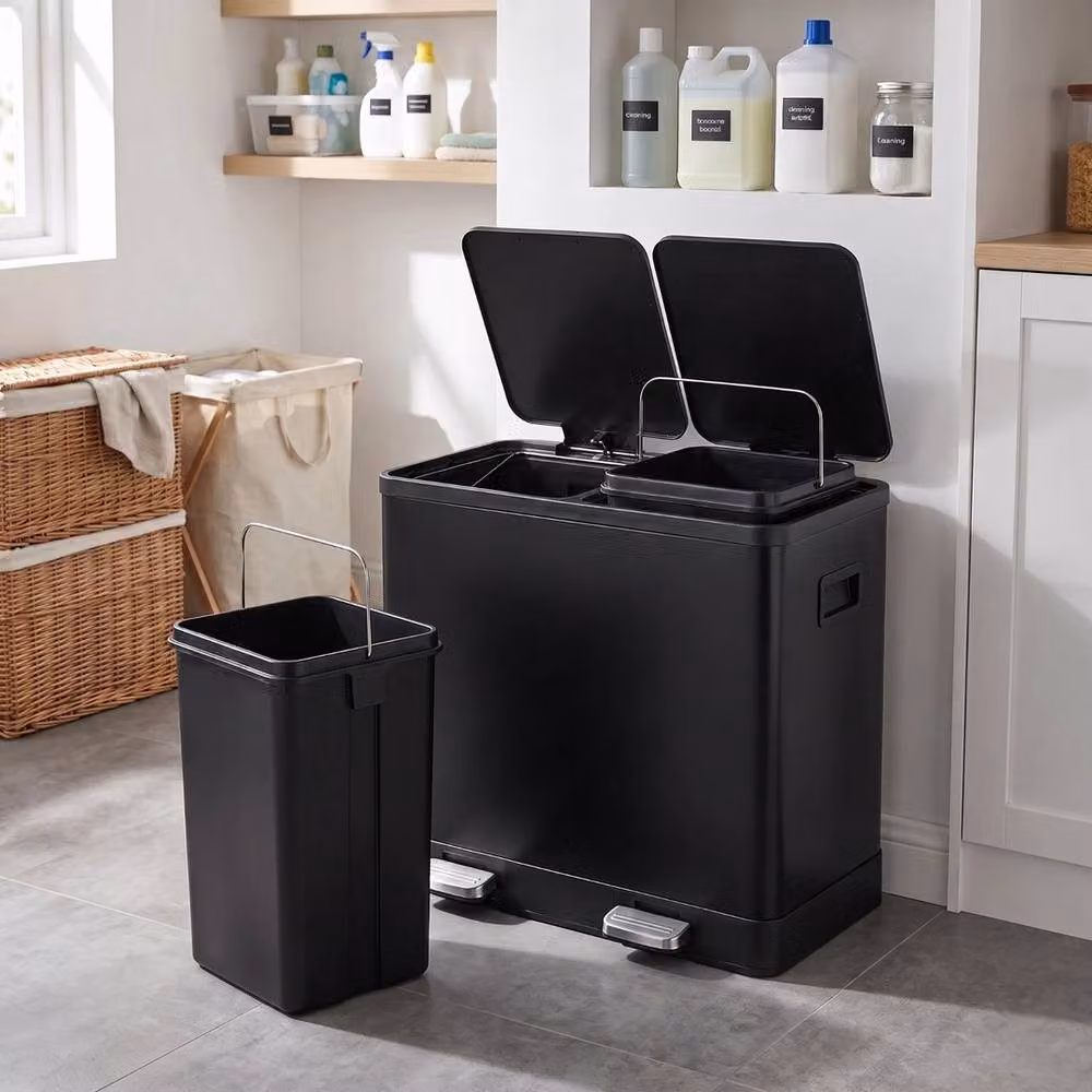 VOGREX Black Stainless Steel Dual Pedal Bin with 2x30L Soft Close Removable Inner Buckets – 3