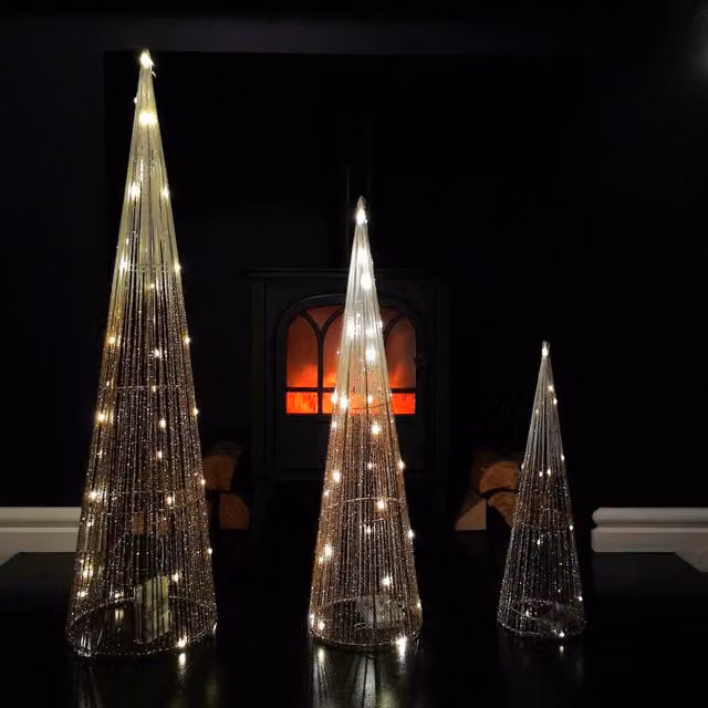 Samuel Alexander LED Tree Cone Obelisk Trio with 90 LEDs in Gold