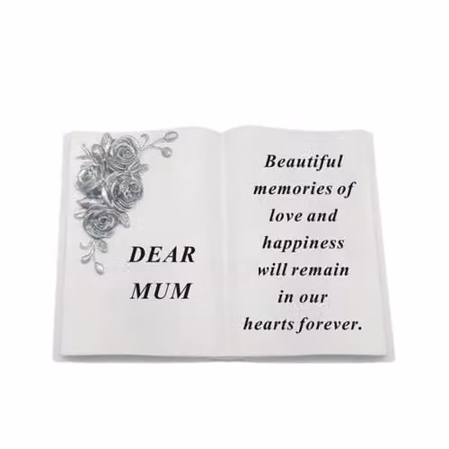 David Fischhoff Dear Mum Graveside Memorial White Resin Book Ornament with 3D Silver Roses