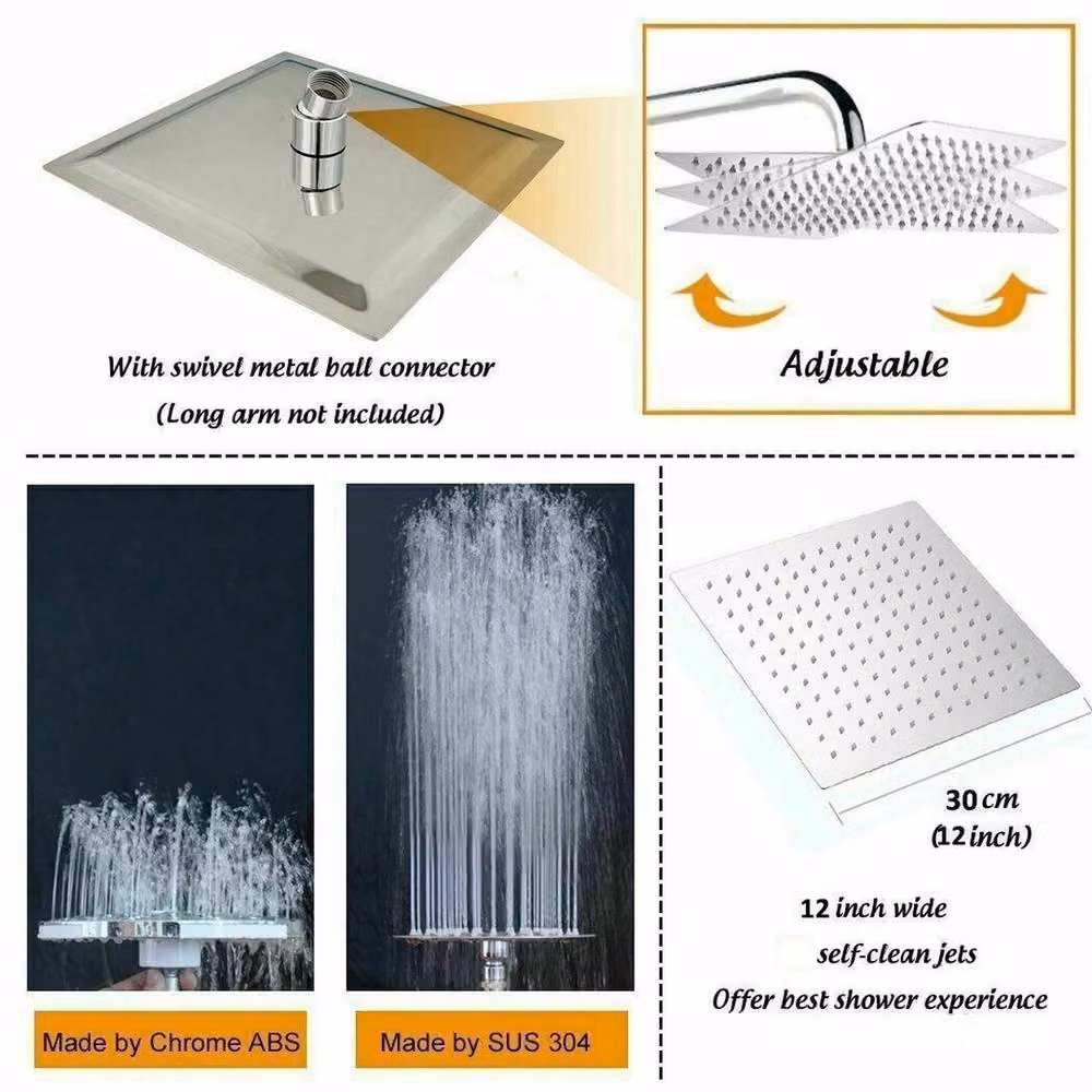 NESTLUNE Square Stainless Steel Rainfall Overhead Shower Head in Chrome Silver, W: 30.48 cm x D: 30.48 cm x H: 30.48 cm – 2