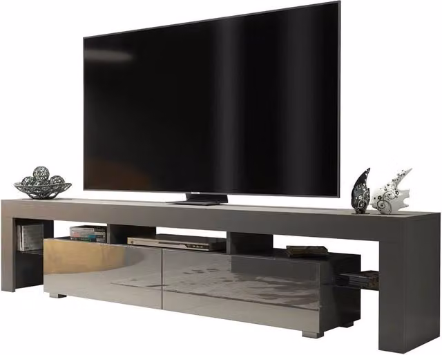 PAWNORA Modern Glossy Grey TV Unit and Sideboard Cabinet with Glass