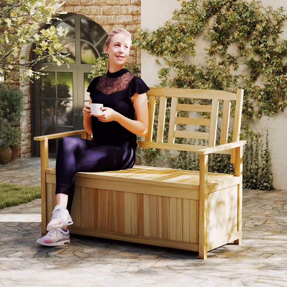 Gymax Solid Wood Patio Bench Storage Loveseat with Backrest and Armrests in Brown – 3