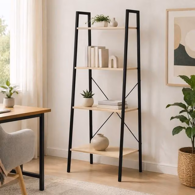 STILVORA 4 Tier Ladder Shelf with Steel Frame in Beige – 1