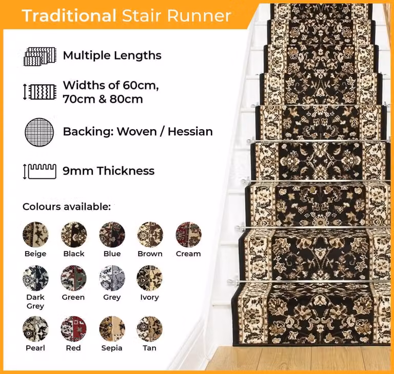 runrug Traditional Stair Runner Carpet in Cream, W: 60 cm x L: 570 cm