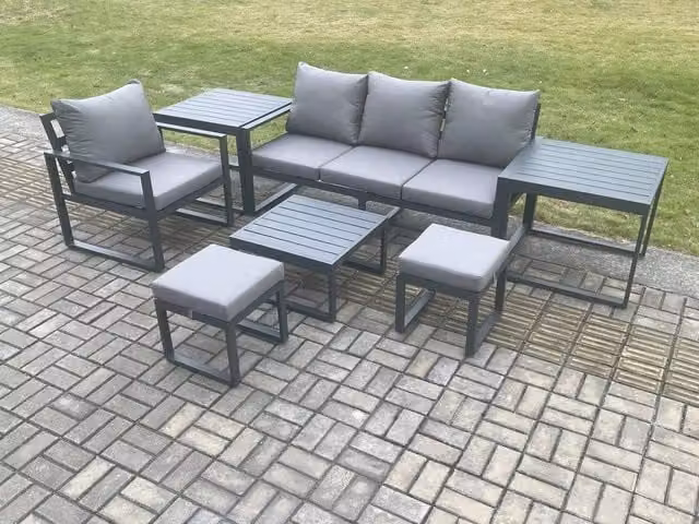 Fimous Grey Powder Coated Aluminium Outdoor Garden Furniture Set with Coffee Table, Side Tables, and Ottomans