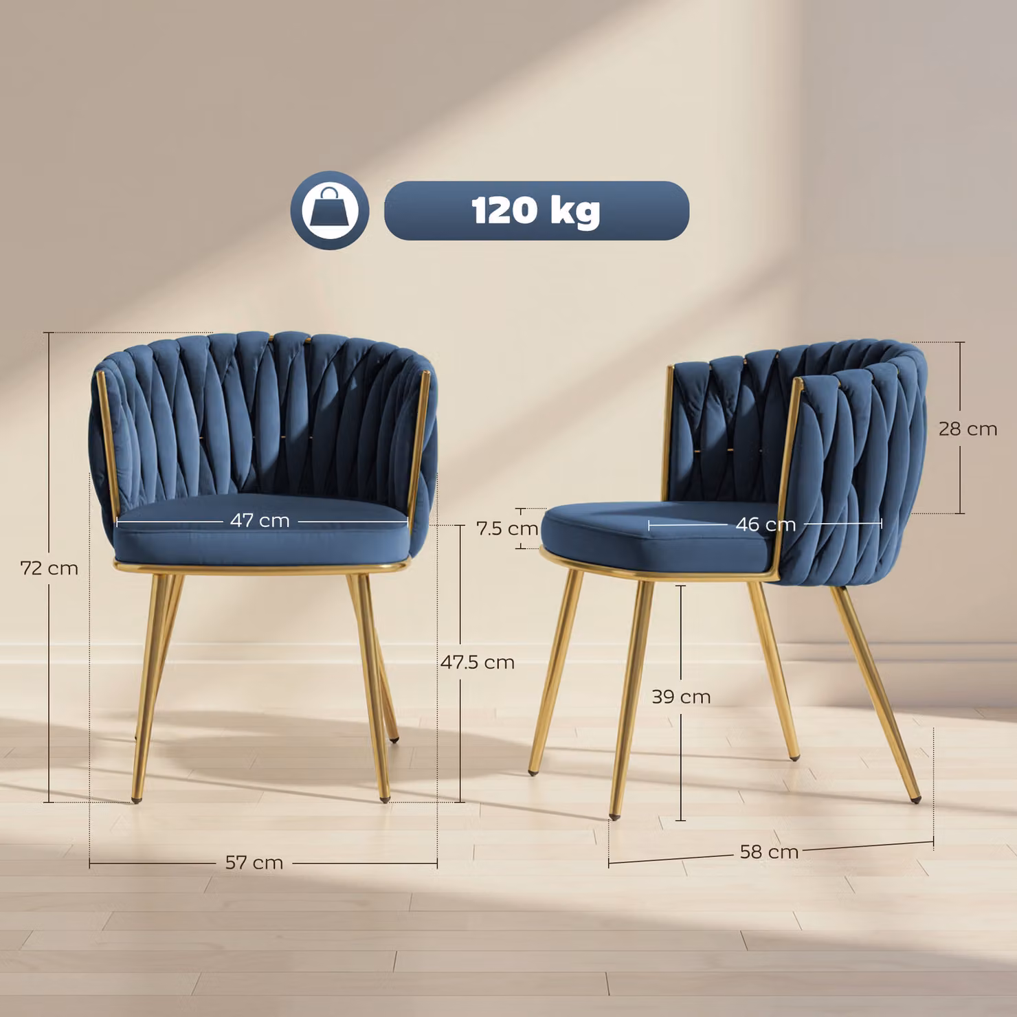 HOMCOM Set of 2 Modern Velvet Upholstered Dining Chairs with Armrests and Metal Legs, Blue and Gold – 3