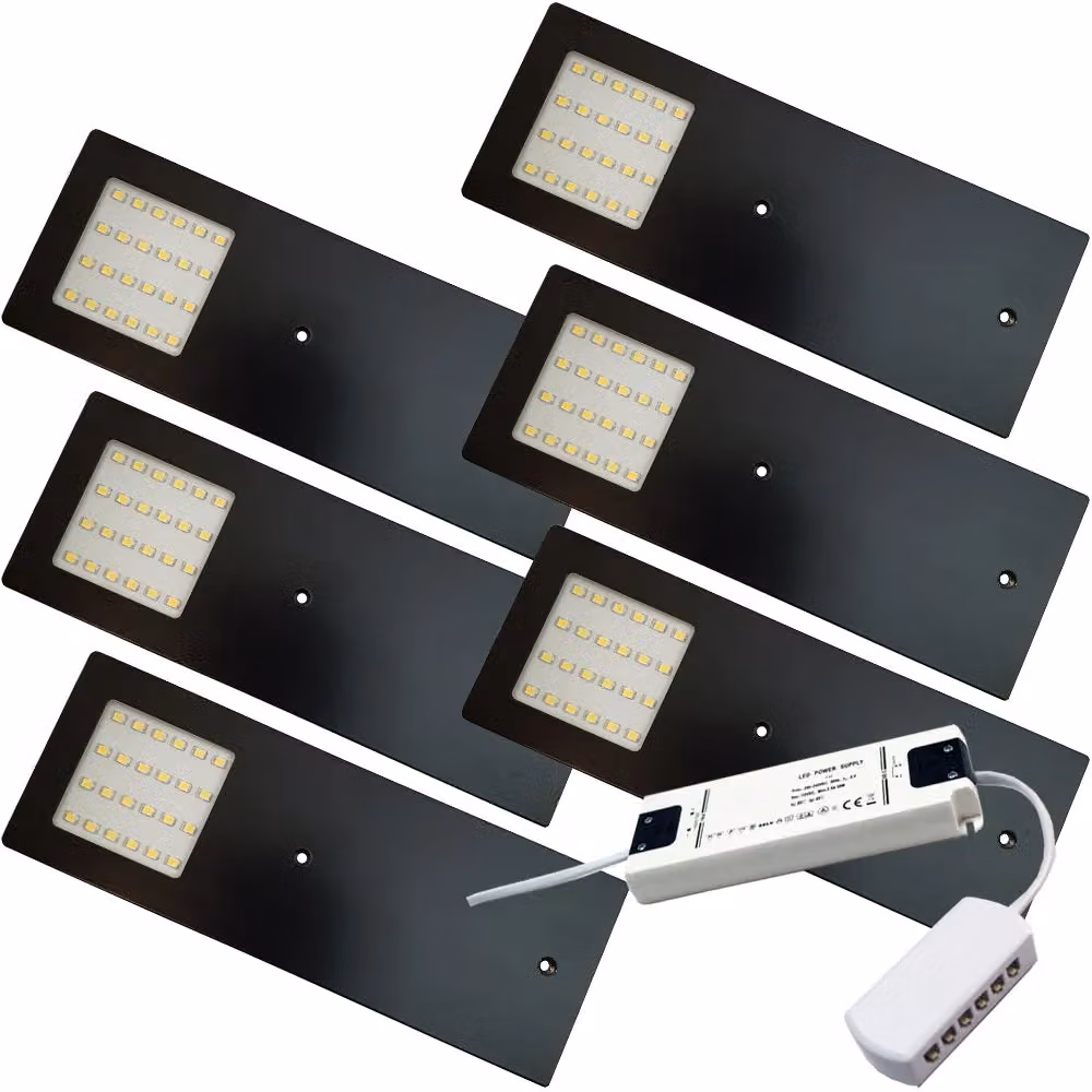 Loops 6x Matt Black Ultra-Slim Rectangle Under Cabinet Kitchen LED Light and Driver Kit with Natural White Light – 3