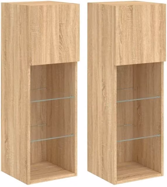 Berkfield Home Set of 2 TV Cabinets with LED Lights in Sonoma Oak Light Brown, W/D/H: 30.5 x 30 x 90 cm