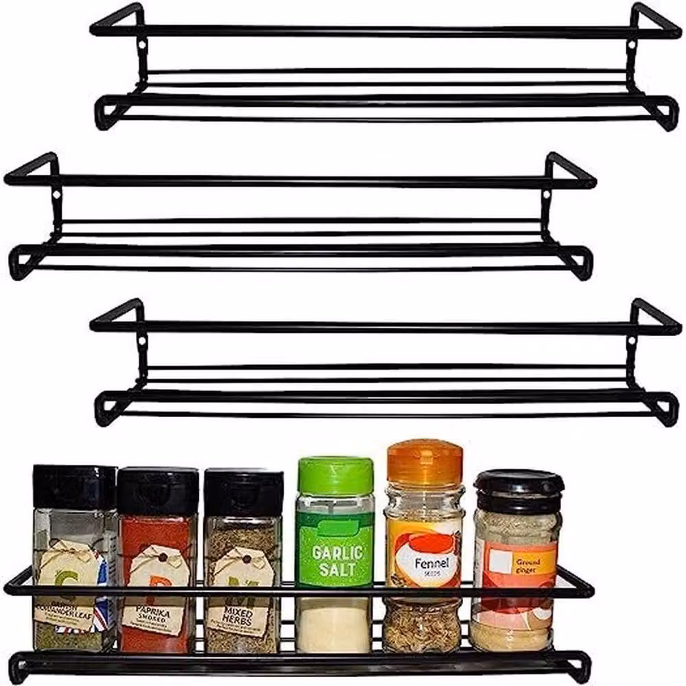KORVIXA Wall Mounted Metal Kitchen Spice Rack Organiser in Matt Black, W/D/H: 100 x 100 x 4 cm – 2