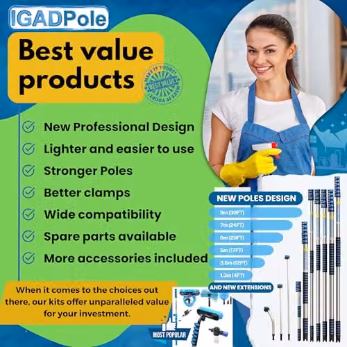 IGAD Blue Telescopic Water-Fed Window Cleaning Pole Kit with Microfibre Brush and Squeegee – 5