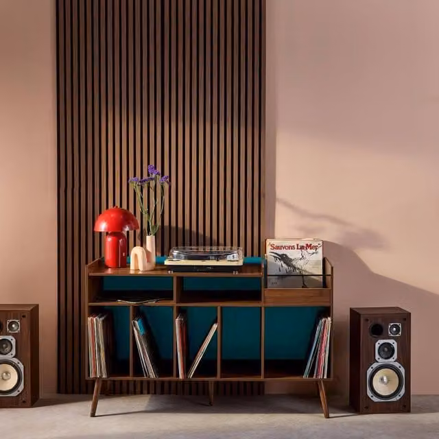 sweeek Vintage XL Retro Bicolour Vinyl Furniture with Wood Decor in Brown, Orange and Blue, W/D/H: 130 x 50 x 80 cm
