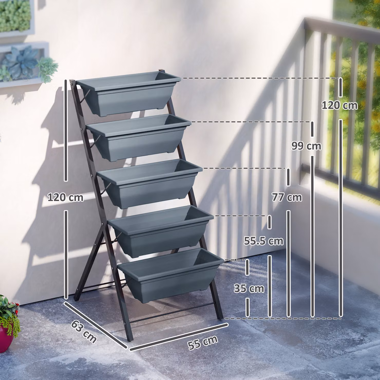 Outsunny 5-Tier Raised Garden Bed, Vertical Ladder Plant Stand with 5 Removable Boxes in Grey – 3