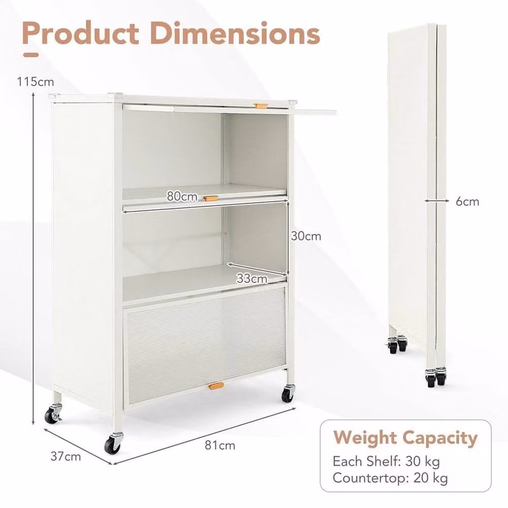 KORVIXA 4-Tier Metal Kitchen Bakers Rack and Microwave Stand with Flip Doors, White, W/D/H: 100 x 100 x 100 cm – 2