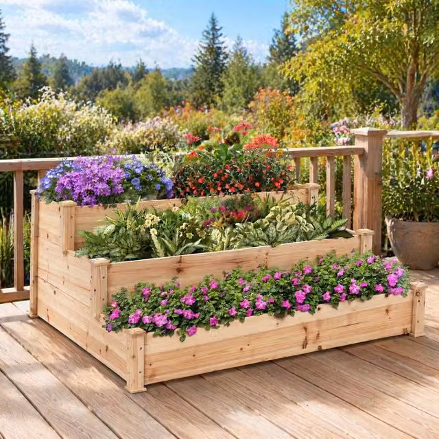 STILVORA 3-Tier Wooden Raised Garden Bed in Natural Brown, W/D/H: 124 x 124 x 56 cm