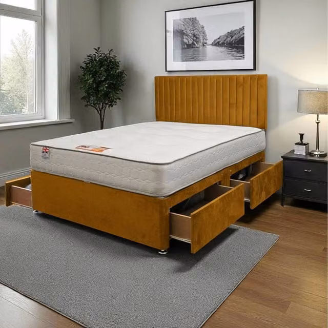 Knight Sleep Emily Plush Bed Set with Hybrid Mattress, 4 Drawers and Headboard, Yellow and Grey