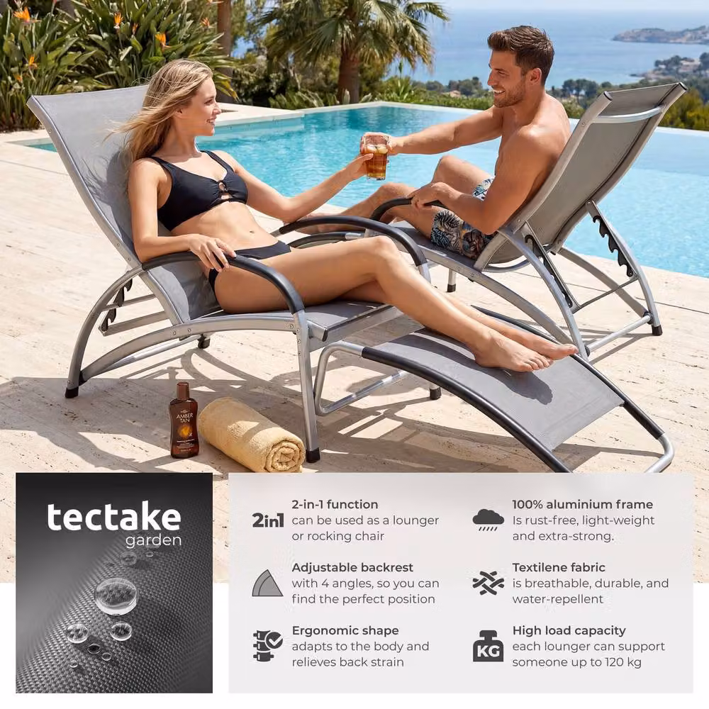 tectake Avignon 2 Seater Sun Lounger in Dark Grey with Adjustable Backrest and Armrests – 2