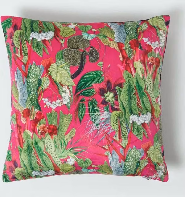 Homescapes Pink and Black Reversible Tropical Velvet Cushion with Botanical Leaf and Flower Design, W/D/H: 46 x 46 x 46 cm