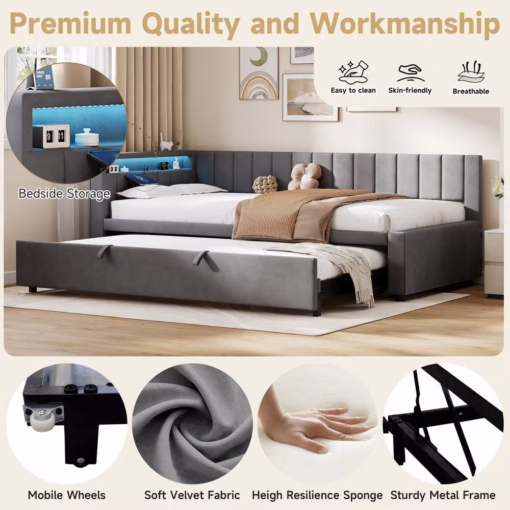 Rolipo Grey Velvet Daybed with Trundle, LED Lights, USB Charging Port and Side Compartments, W/D/H: 140 x 200 cm – 8